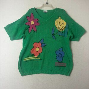 Vintage Sweater Size 20W / 40  green short sleeve big‎ flowers boho hippie 60's